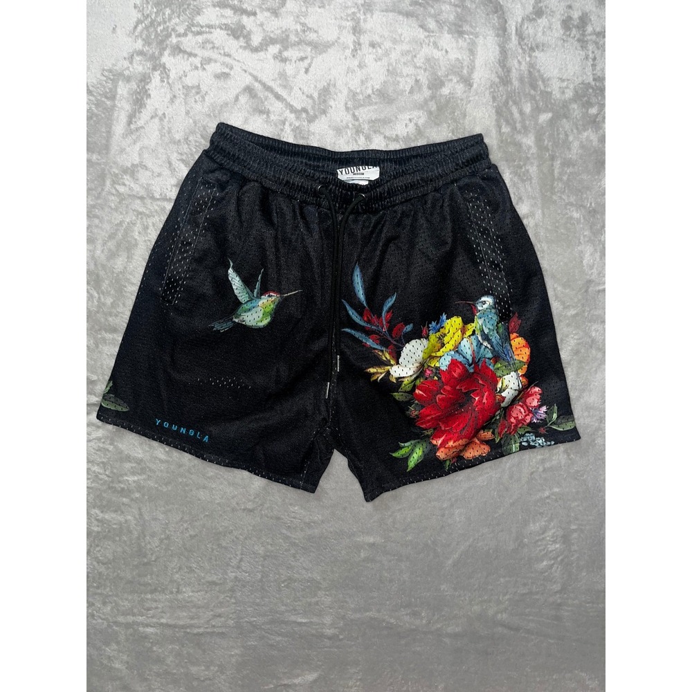 YoungLA Mens Black Mesh Gym‎ Shorts Hummingbird Floral Graphic Medium